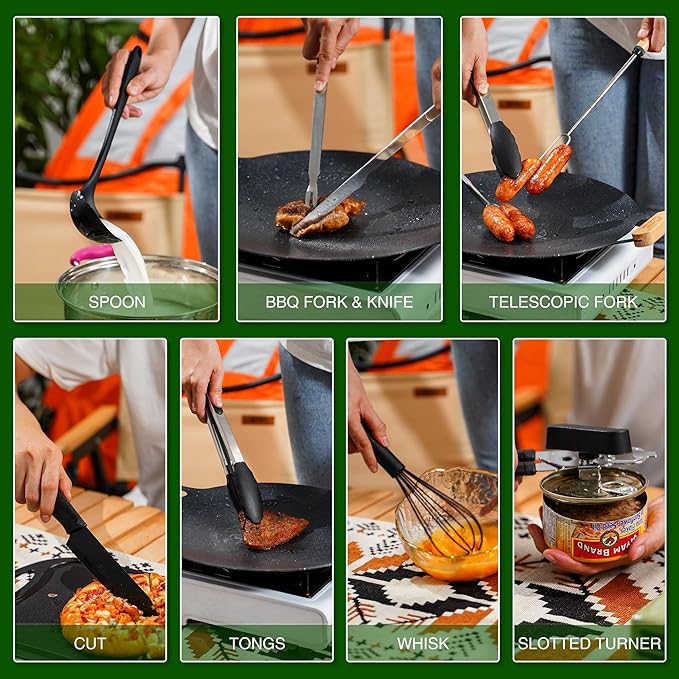 Camping Essentials Cookware Cooking Utensils Set - Portable Camp Kitchen Mess Kit Outdoor