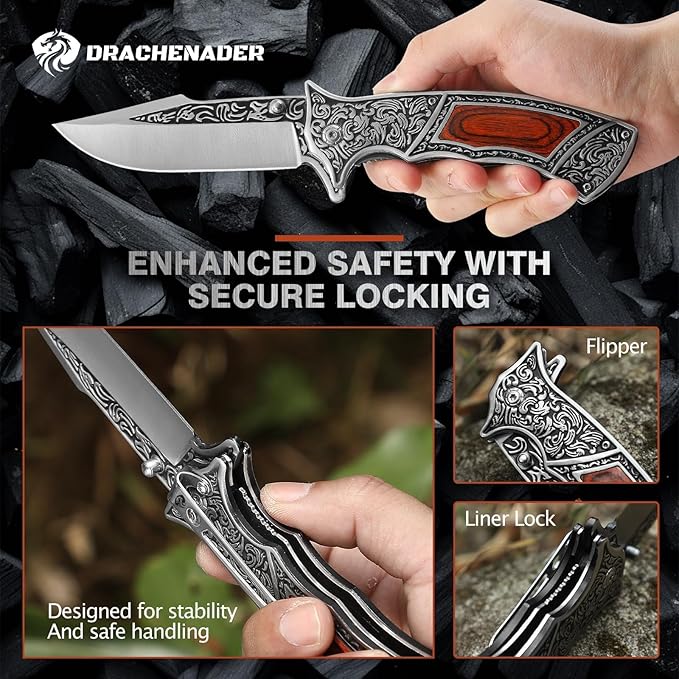 Pocket Knife with Sheath and Clip, 440C Stainless Steel Folding Knife 3D Retro Embossed Pattern