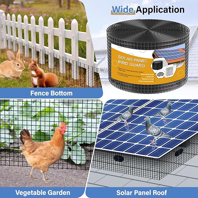 Solar Panel Bird Guard,8in x 100ft Critter Guard Galvanized PVC Coated Mesh Roll Kit,Black Pigeon
