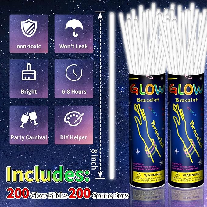 200 Pack 8'' Glow Sticks Bulk Party Favors White Light Up Sticks with Connectors Neon Glow in the