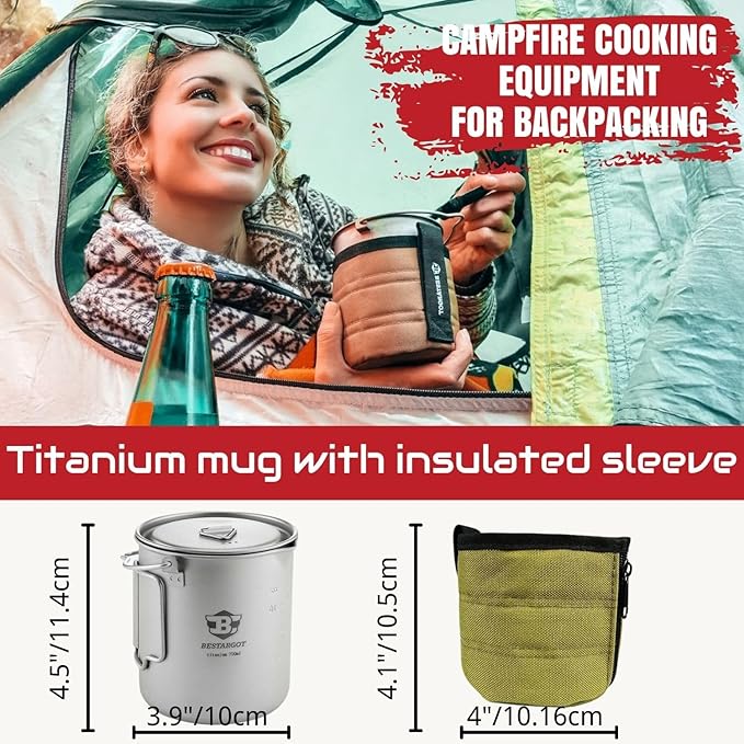 Bestargot Camping Titanium Pot, 750ml Outdoor Cup with Insulation Cup Carrier, Titanium Camping