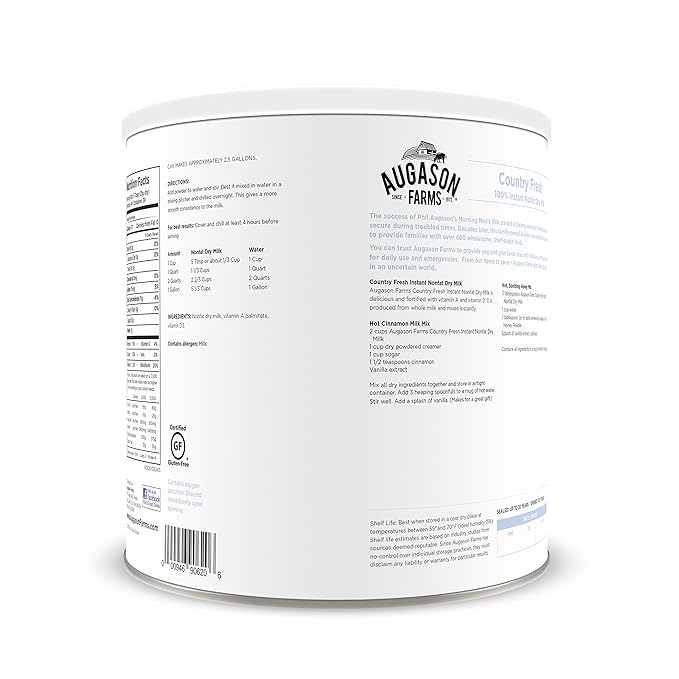Augason Farms Country Fresh Instant Nonfat Dry Milk Can, Emergency Food Supply, Everyday Meals, 39