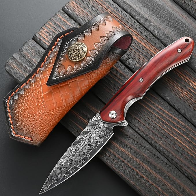 Sitivien ST242 Damascus Steel Folding Knife,Flipper Liner Lock Knife with Damascus VG10 Core