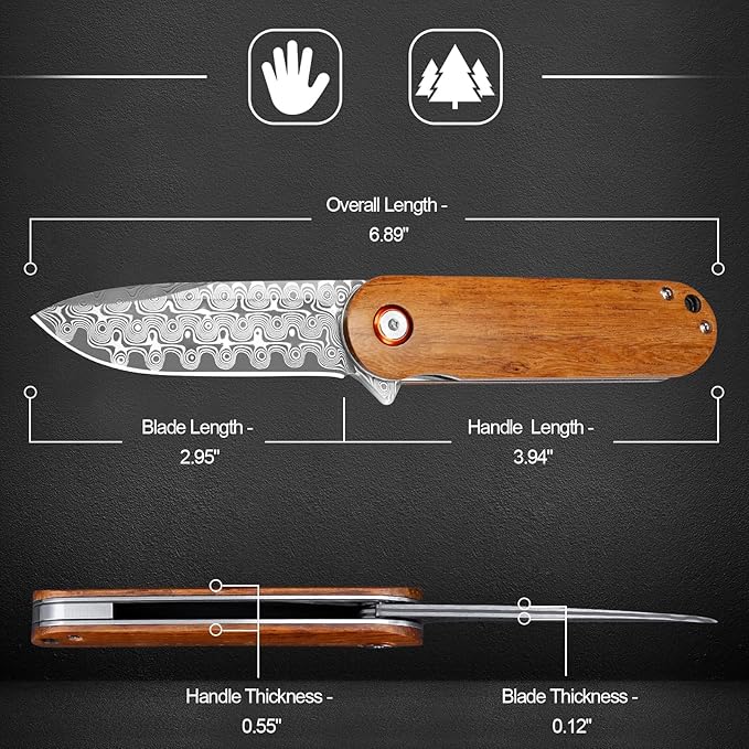 Damascus Pocket Knife, 2.95" Damascus Steel Blade Pocket Knives & Folding Knives, Wooden Handles