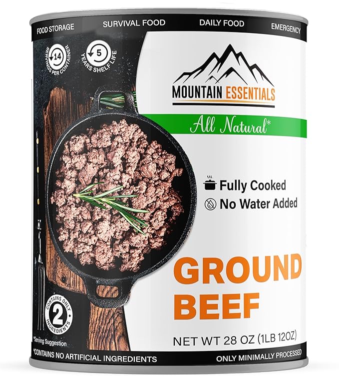 MOUNTAIN ESSENTIALS All Natural Canned Ground Beef 28 Oz – Fully Cooked, Ready to Eat Hamburger