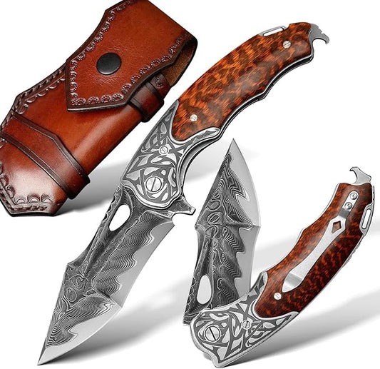 handmade damascus steel pocket folding knife, Snakewood handle with pocket clip and leather case
