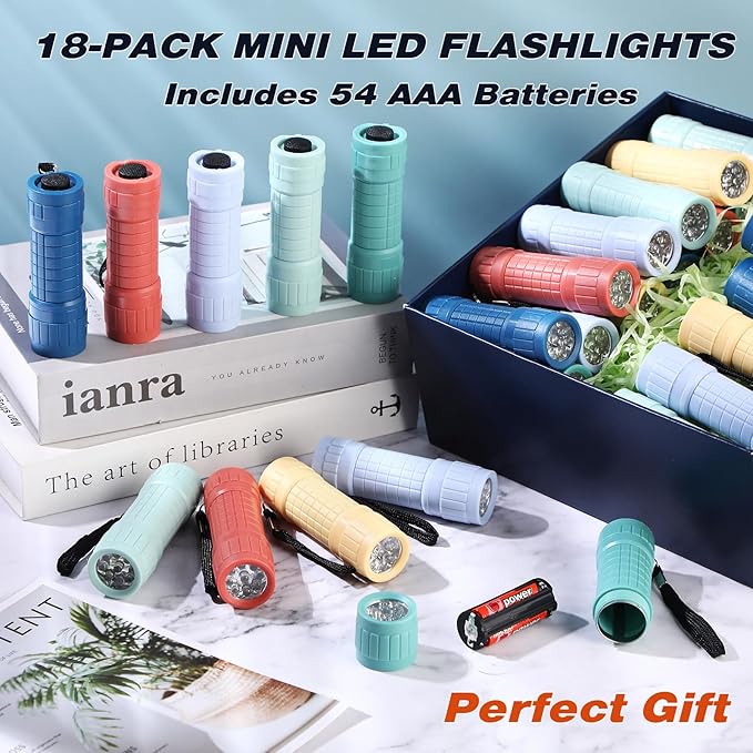 18 Pack 9 LED Small Mini Flashlight Set Plastic Handheld Flashlights with Lanyard, 3 AAA Batteries