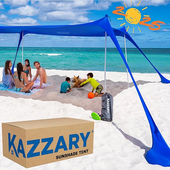 Beach Tent UPF50+ Sun Shade Canopy with Sandbags, 4 Stability Poles, Ground Pegs, Flying Disc Sand