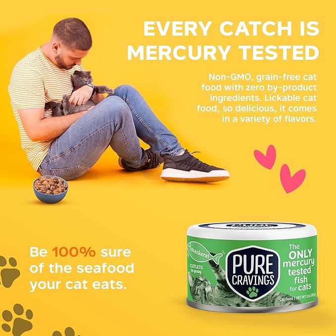 Pure Cravings Wet Cat Food Canned Mackerel Cutlets in Gravy, Every Catch is Mercury Tested, Moist