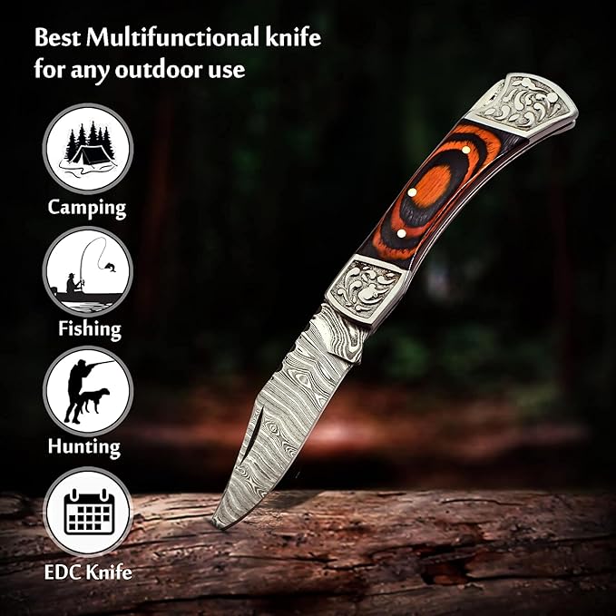 Handmade Damascus Pocket Knife for Men - 7.2 Inches Engraved Steel Damascus Folding Pocket Knife