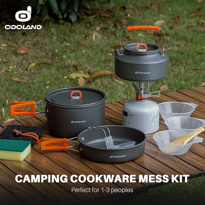 Odoland 10pcs Camping Cookware Camping Pots and Pans Set with Kettle Plastic Bowls and Soup Spoon