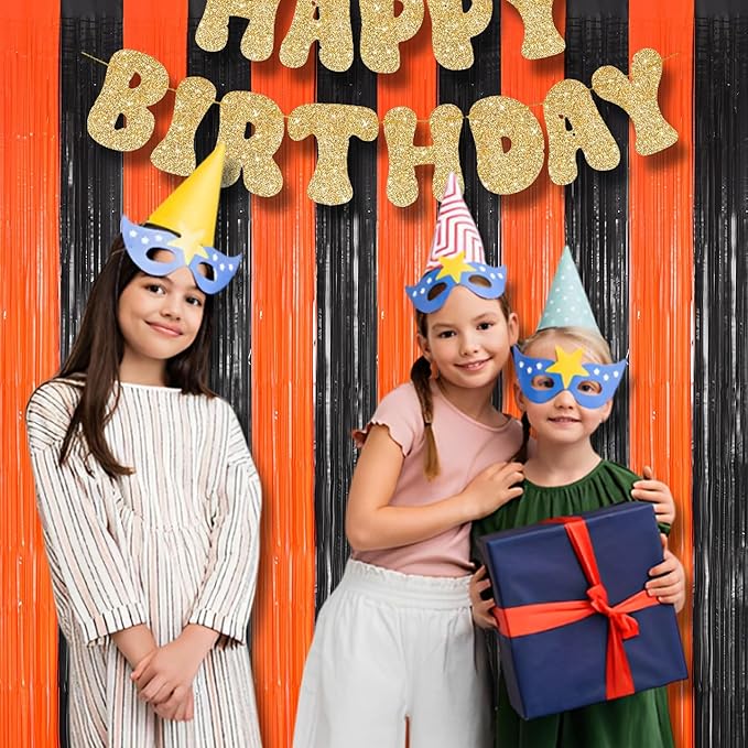 BRAVESHINE Tinsel Photo Backdrop Curtains - 2 Pack 3.2x8.2ft Black Orange Foil Fringe Streamer
