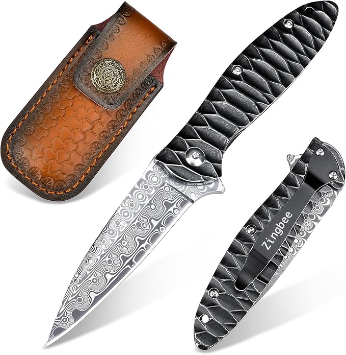 Damascus Pocket Knife, 2.87" Damascus Blade Folding Knives with Stainless Steel Handle, EDC Knife