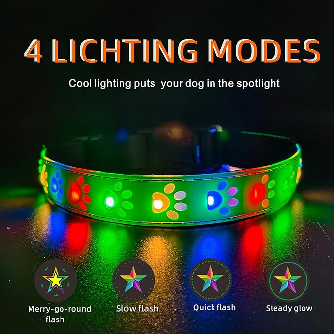 LED Light Up Dog Collar, USB-C Rechargeable, Multicolor Paw Print Design, 15 Modes Lighting Night