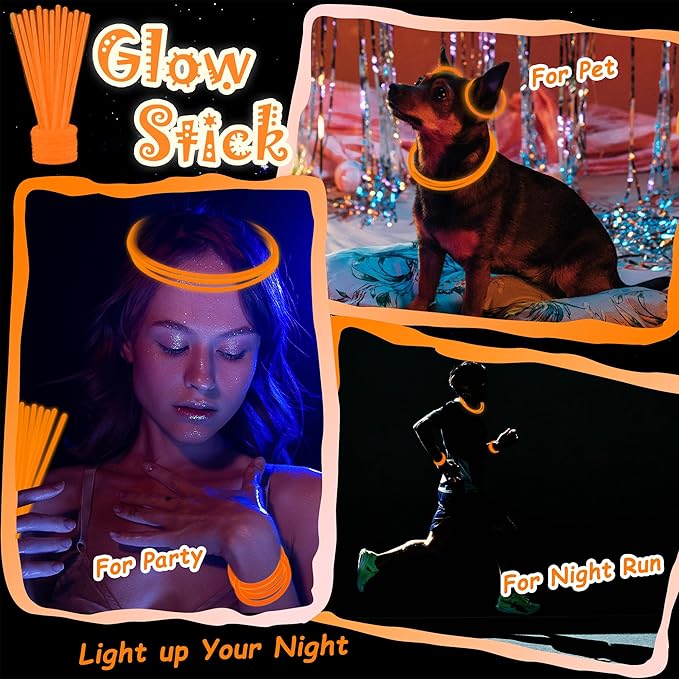 100 pk 8" Orange Glow Sticks Bulk Party Favors, Light up Glow Necklaces & Bracelets in the Dark