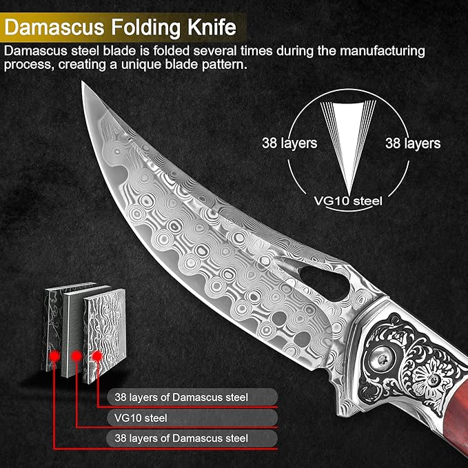 KOMWERO Damascus Pocket Knife for Men Women, Sharp VG10 Core Damascus Steel Knife for Outdoor