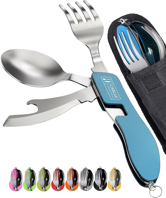 Orblue 4-in-1 Camping Eating Utensils, 2-Pack - Portable Spoon, Fork, Knife & Bottle Opener Combo