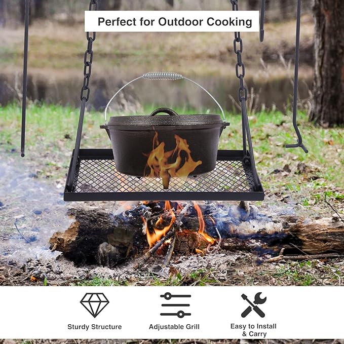 Lineslife Grill Swing Hanging Campfire Cooking Stand with Adjustable Iron Grill Grate, Collapsible