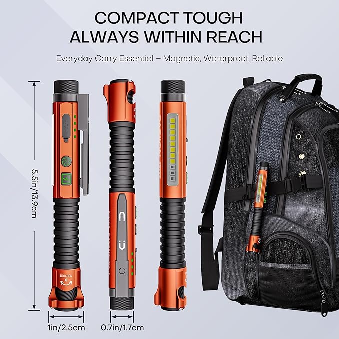 EDC Flashlight Rechargeable,800 Lumen Small Flashlight with Magnetic Clip & Base, 11 Modes LED