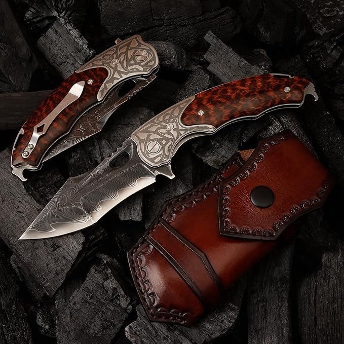 handmade damascus steel pocket folding knife, Snakewood handle with pocket clip and leather case