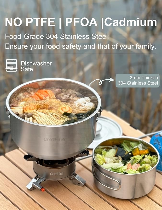 CampPro Camp Cooking Set for 4-8, Stainless Steel Camping Cookware Set, Camping Equipment with