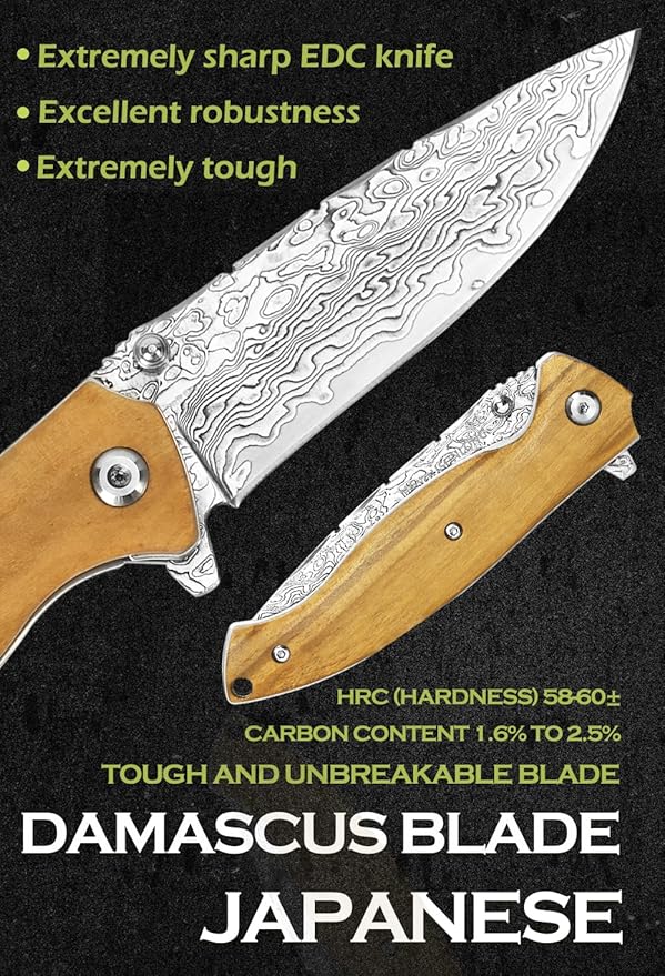 YOUSUNLONG Folding Knife Overall 191mm Pocket Knife - Hammered Damascus Steel Blade - Natural
