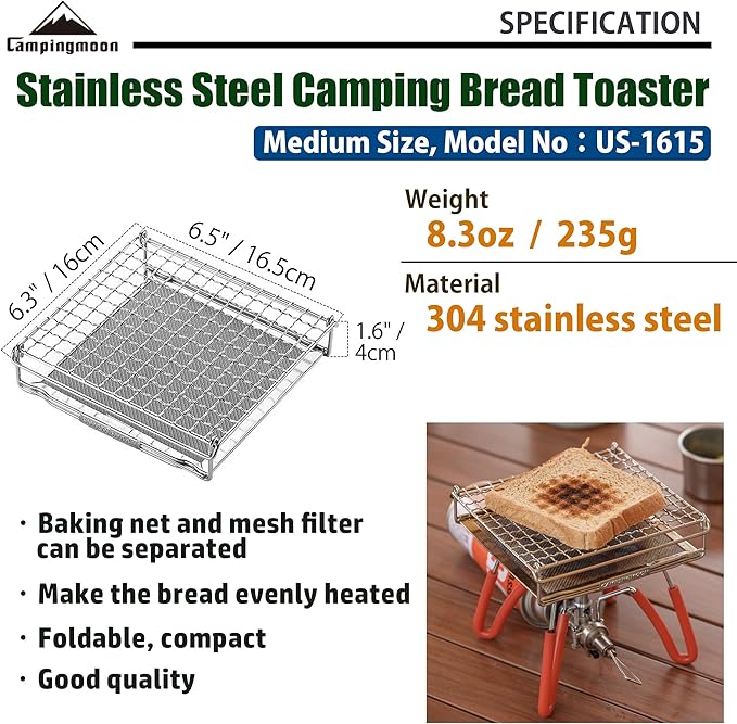 CAMPINGMOON Camping Toaster for Gas Stove Top Fire Grill Grid 304 Stainless Steel Bread Toasters
