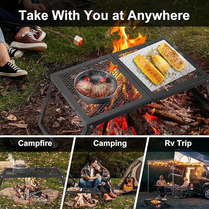Odoland Folding Campfire Grill, Heavy Duty Steel Mesh Grate with Folding Legs and Storage Bag