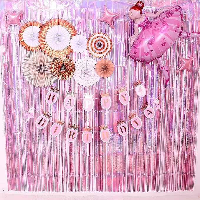 BRAVESHINE 1 Purple 1 Pink Streamers Party Photo Backdrop - 3.2 ft x 8.2 ft Metallic Tinsel Foil