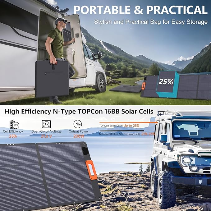 N-Type 16BB 200W Portable Solar Panel for Power Station,ETFE Foldable Solar Panel High 25%