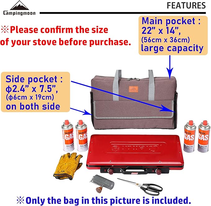 CAMPINGMOON Camping Stove Carry Case for Coleman 2-burner Stove Canvas CM-B Pockets for Gas Fuel