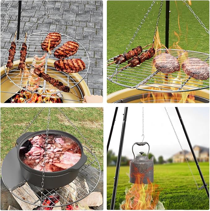 Campfire Tripod for Cooking, Campfire Cooking Equipment, Round Grill Grate with Adjustable Height