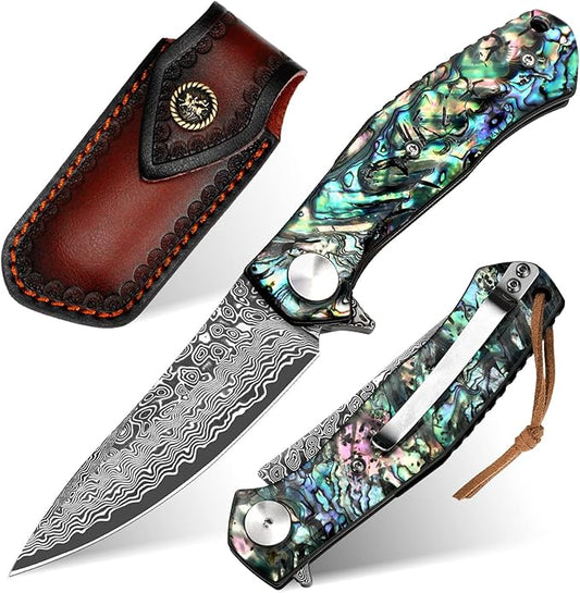 Benkey Damascus Pocket Knife with Clip Leather Sheath Sharp VG10 Core Folding Knife, EDC with Liner