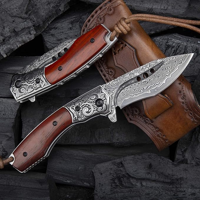 hand made damascus steel pocket knife, 3.1 inch outdoor folding knife, camping rosewood handle with