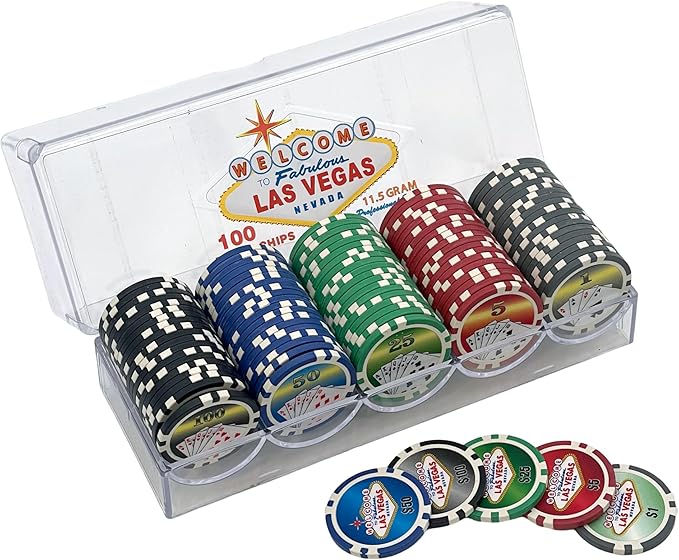 100 Piece Las Vegas Design Poker Chips in Clear Plastic Tray