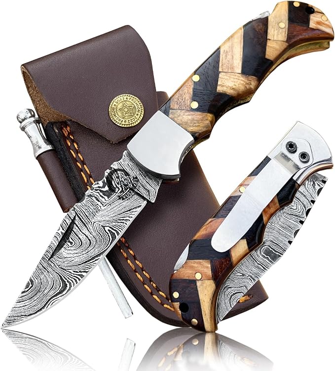 Damascus Pocket Knife for Men Handmade - 6.5 Inches Damascus Folding Knife with Sheath -Ideal for