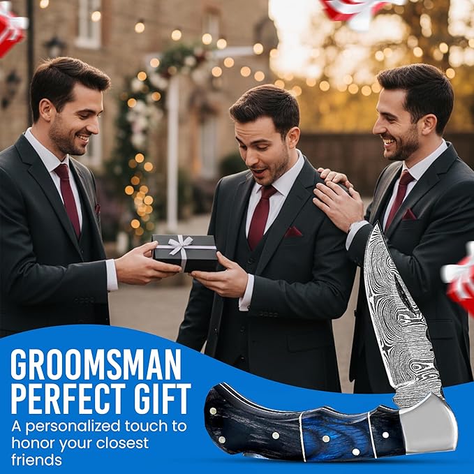 Set of 3 - Personalized Damascus Pocket Knife for Groomsmen -With Leather Sheaths - Custom Engraved