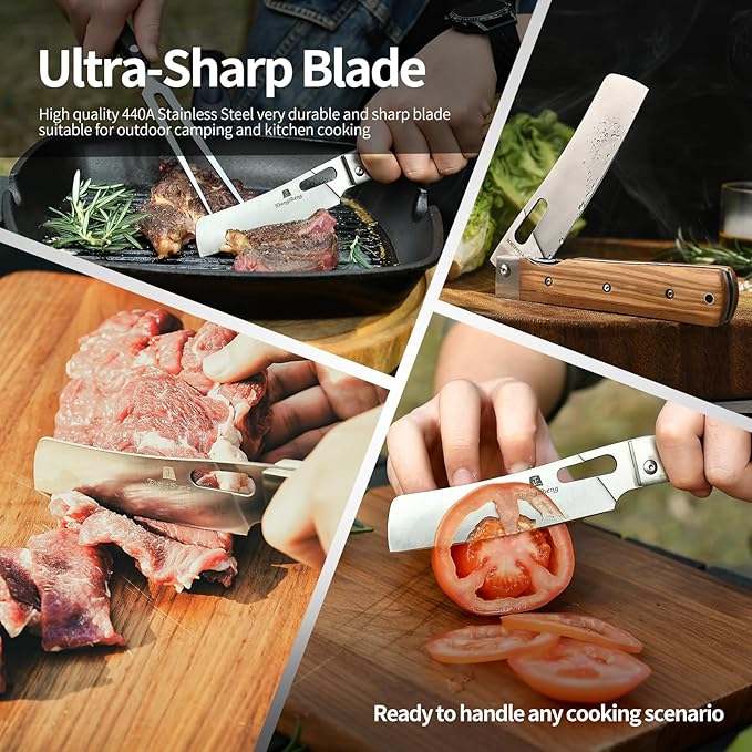 Folding Chef Knife with Leather Pouch 4.8” Sharp 440A Stainless Steel Blade Olive Handle Pocket