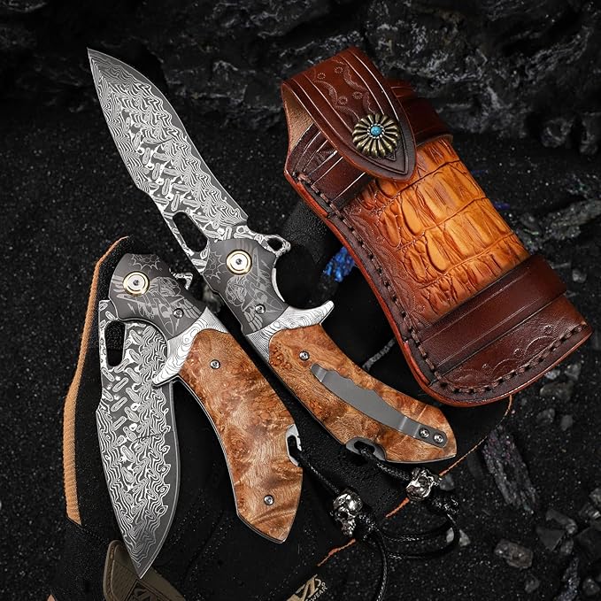 Damascus Steel Folding Pocket Knifeï¼?.6in Men's EDC knife，With leather sheath，pocket clip，Liner