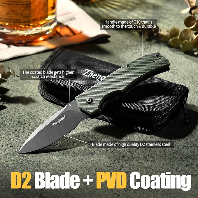 Praxis Pocket Knife, 2.9" D2 Steel Folding Knife with G10 Handle PVD Titanium Coating Blade