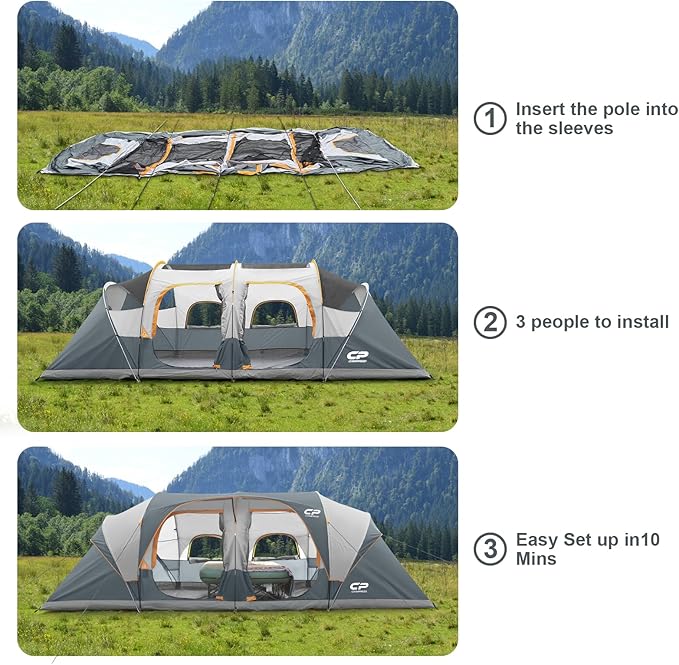 CAMPROS CP Tent 12-Person-Camping-Tents,3 Room Family Tents,Waterproof Windproof Family Tent with