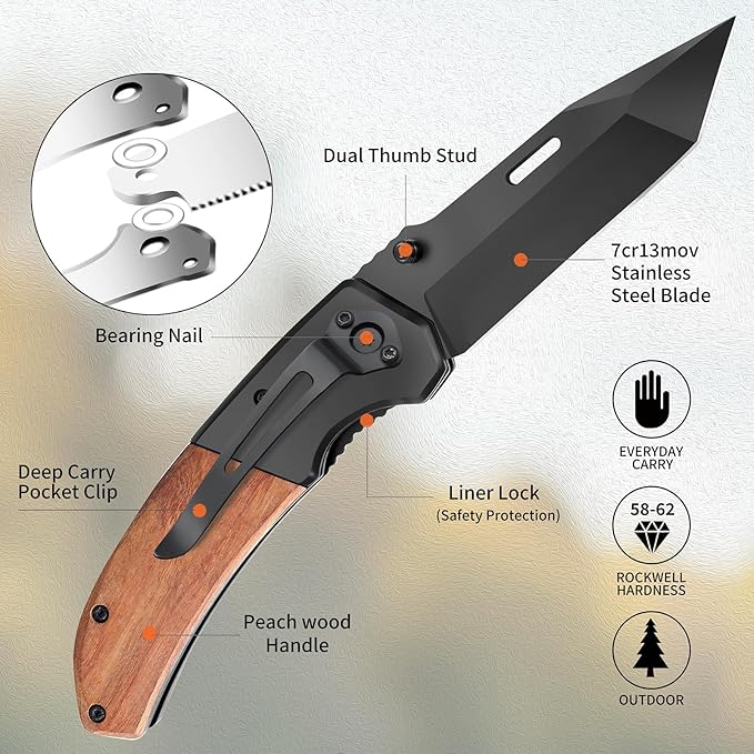 Vickay Pocket Knife, Folding Knife with Clip - 3.54??Steel Blade, Wood Handle EDC Knife for Men &