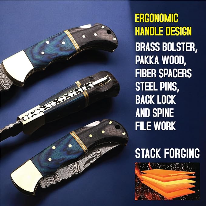 6.5 inch Damascus Pocket Knife with Sheath, Handmade Folding Pocket Knife for Men, Black-Red Wooden