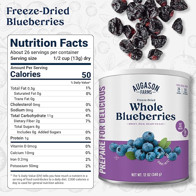 Augason Farms Dried Whole Blueberries Can -Dried Fruit for Baking & Emergency Food Supply