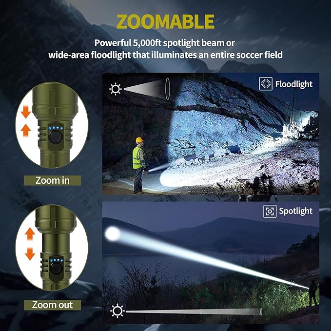 Tactical Flashlight High Lumens, 5000mAh USB-C Rechargeable, 3000lm Bright Flashlights 5000 FT