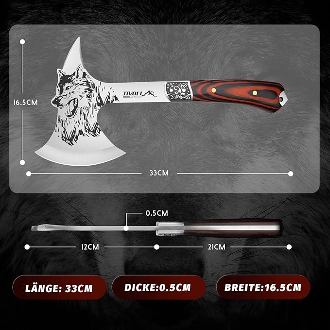 TIVOLI 13" Camping Axe, Wolf - Patterned Survival Hatchet with Nylon Sheath, High Carbon Steel