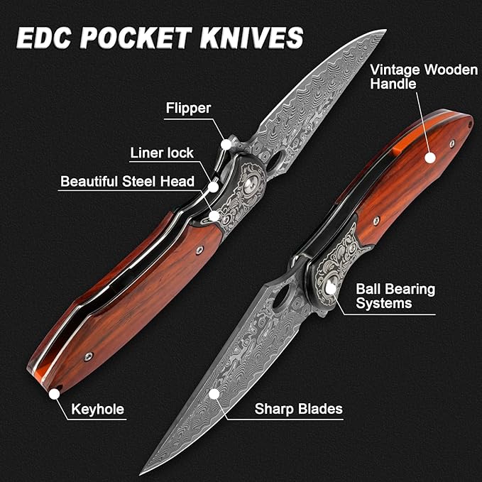 Damascus Pocket Knife, 3.3" Damascus Blade Wooden Handle EDC Pocket Knives & Folding Knives for Men
