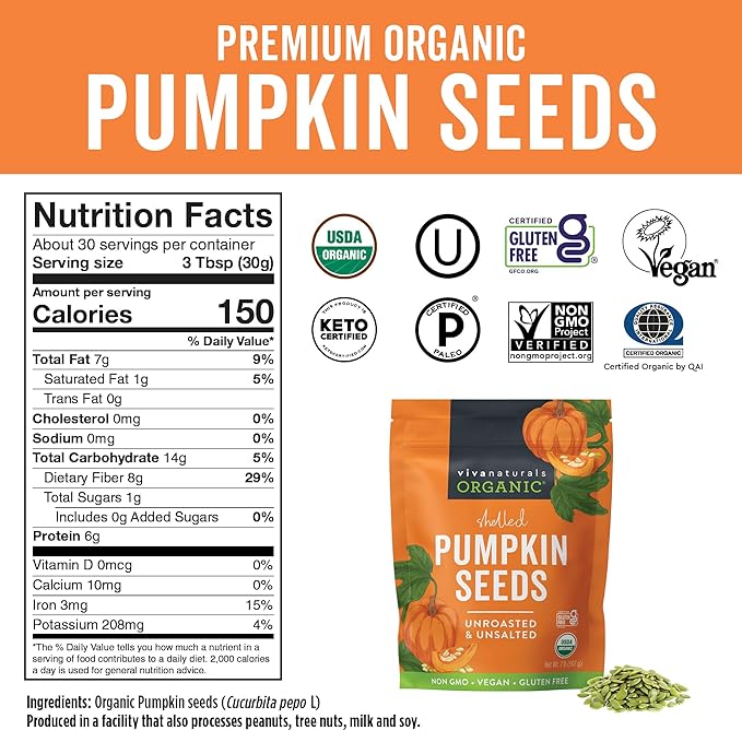 Viva Naturals Organic Pumpkin Seeds, 2 lb (32 oz, 907 g) – Shelled, Unroasted, Unsalted, Non-GMO