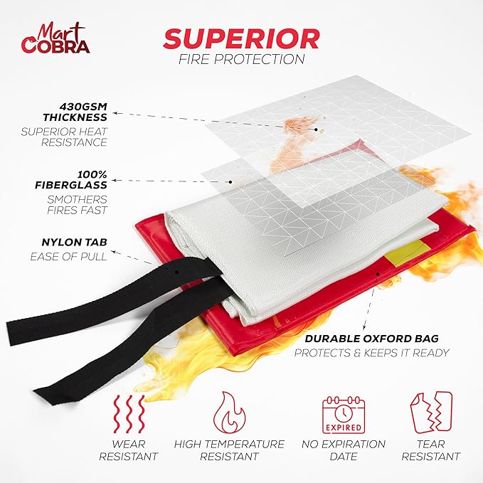 Mart Cobra Emergency Fire Blanket for Home and Kitchen - 4 Pack - Fire Blankets Emergency for Home