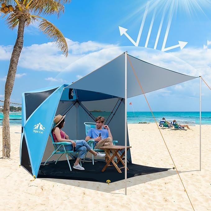 Night Cat Pop-up Beach Tent: 3 4 Persons Beach Shelter with Canopy and Footprint, UPF 50+ UV